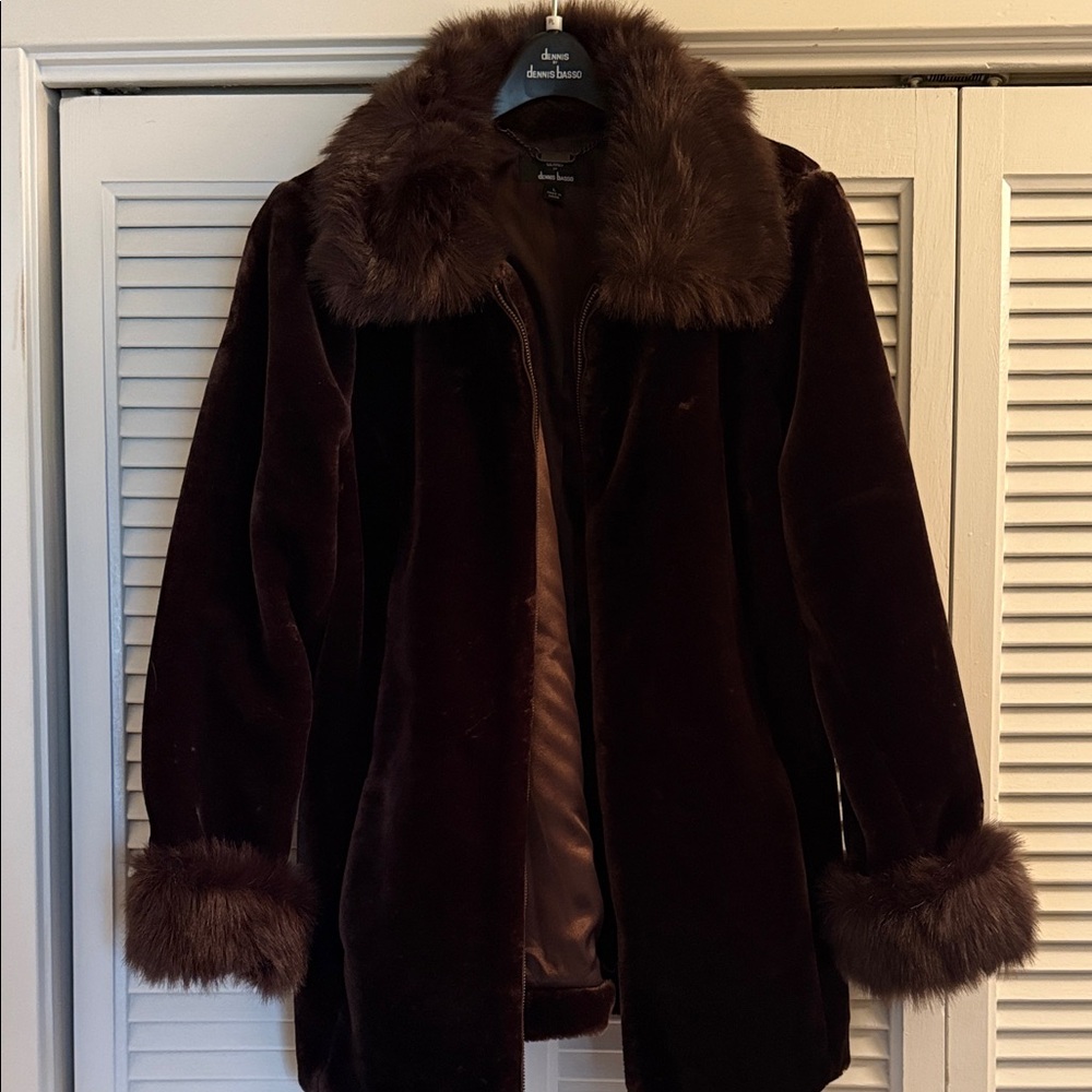 dennis basso Dark Brown Faux Fur-Trim Velvet Coat